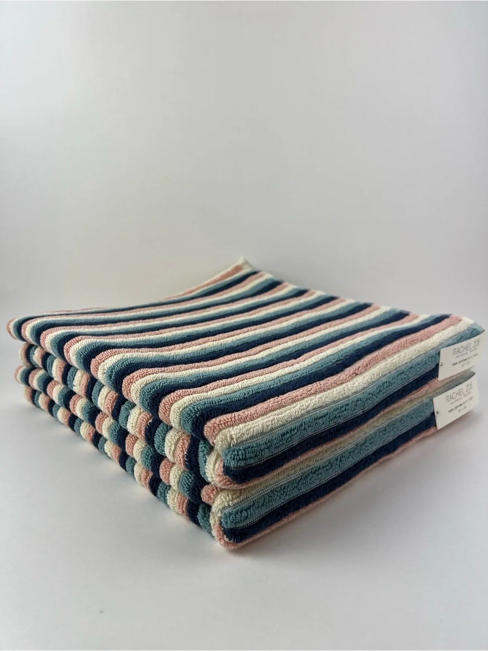 Rachel Zoe Bath Towel Set Striped Pink Navy Cream Soft 100% Cotton 2 Pc NEW